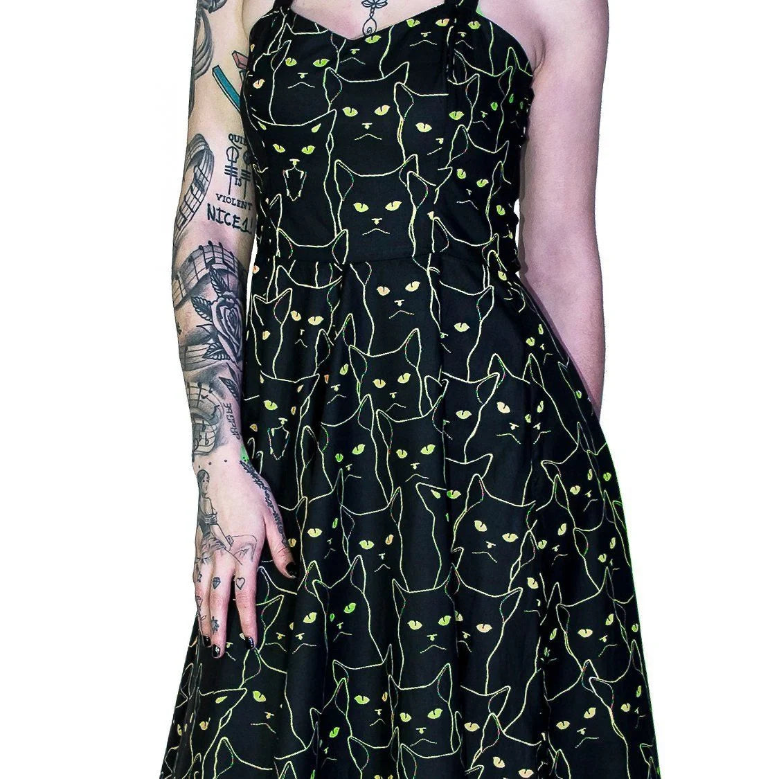 Yellow Evil Cats Black Midi Dress - Katz - Dr Faust