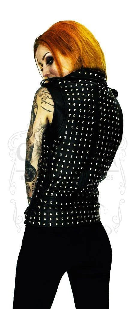 Square Studs Leather Black Biker Vest - Sol - Dr Faust