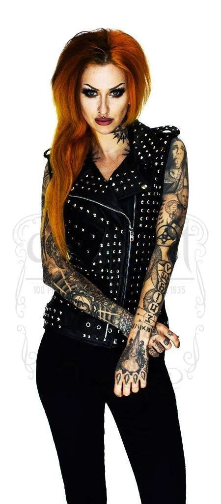 Square Studs Leather Black Biker Vest - Sol - Dr Faust