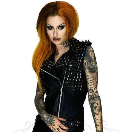 Black Studs And Spikes Leather Black Biker Vest - Lofn - Jacket