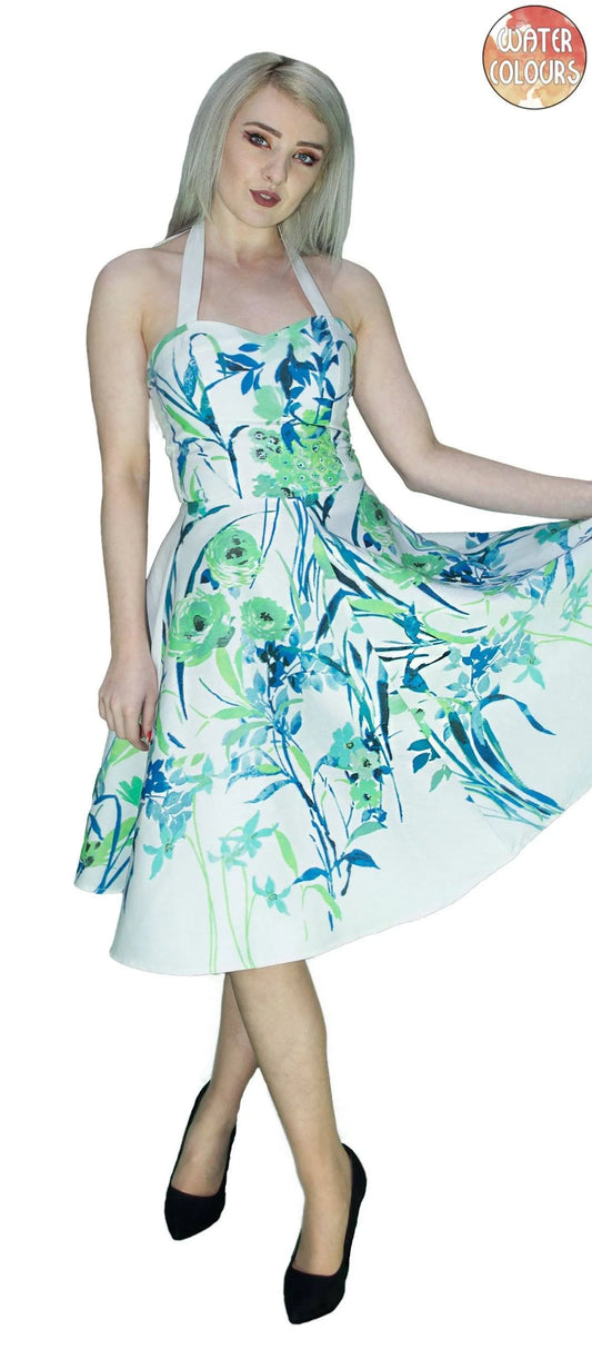Turquoise Flowers White Midi Dress - Ophelia - Dr Faust