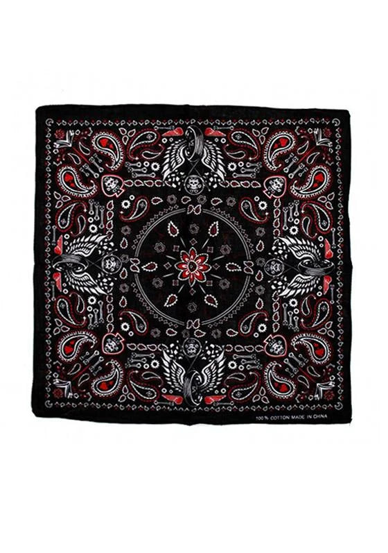 Vintage Skulls and Wings Black Cotton Bandana - Keanu - Dr Faust