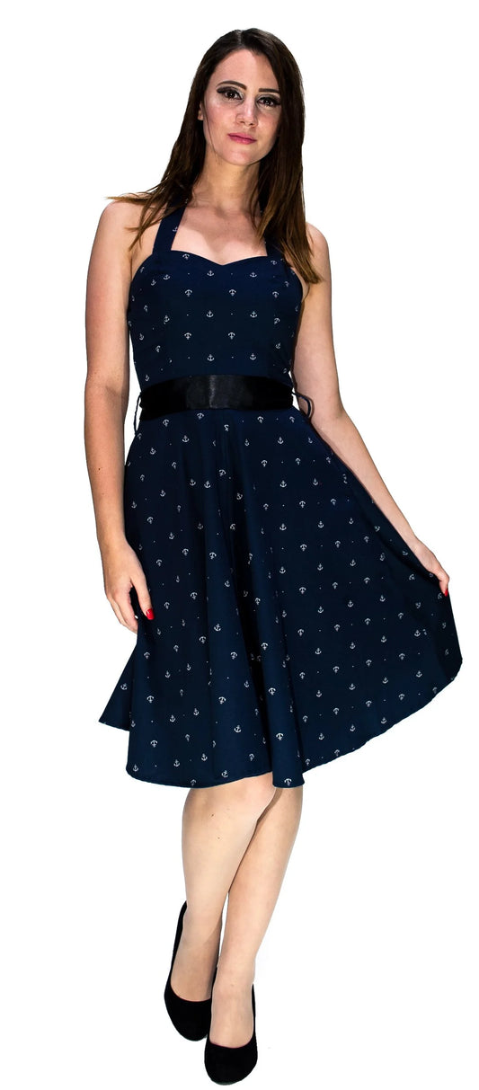 White Anchors Nautical Navy Midi Dress - Gabriella - Dr Faust