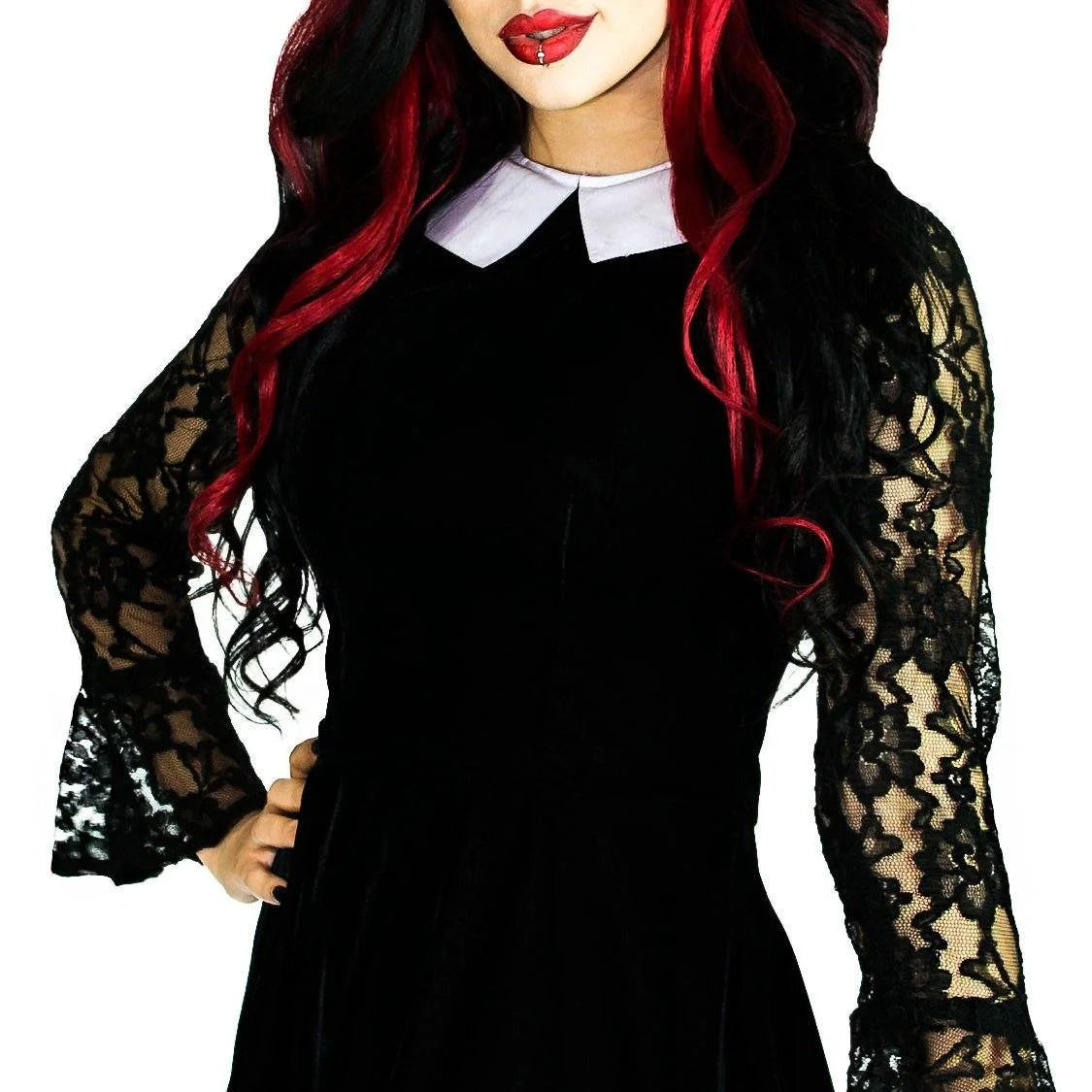 White Collar Long Sleeve Black Velvet Mini Dress - Ayla - Dr Faust
