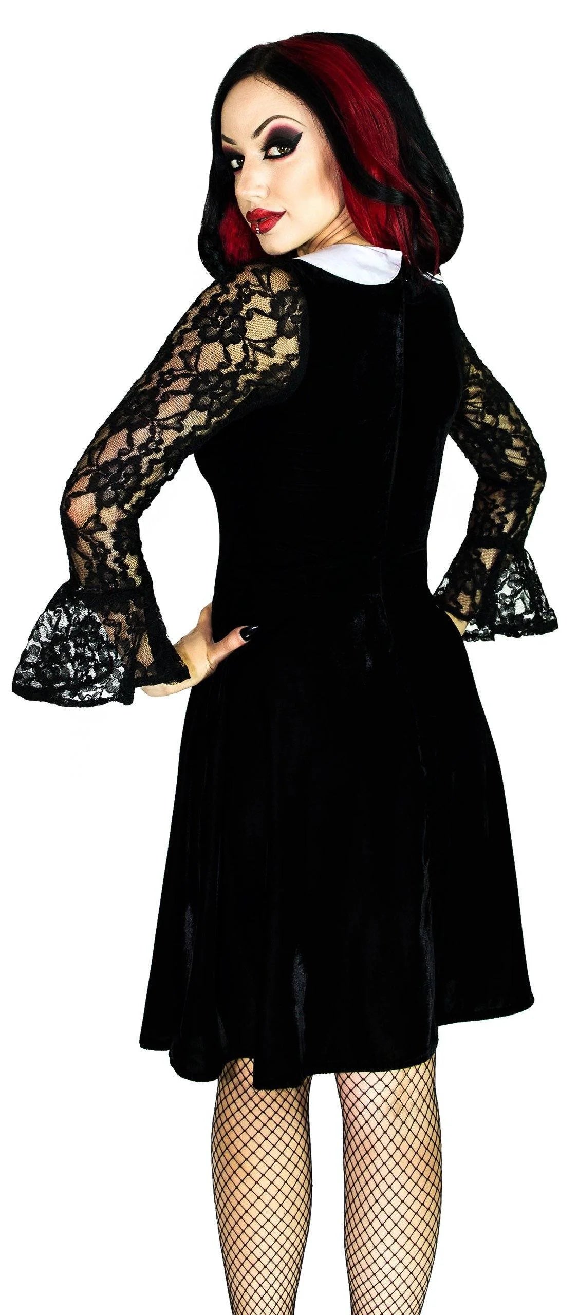 White Collar Long Sleeve Black Velvet Mini Dress - Ayla - Dr Faust