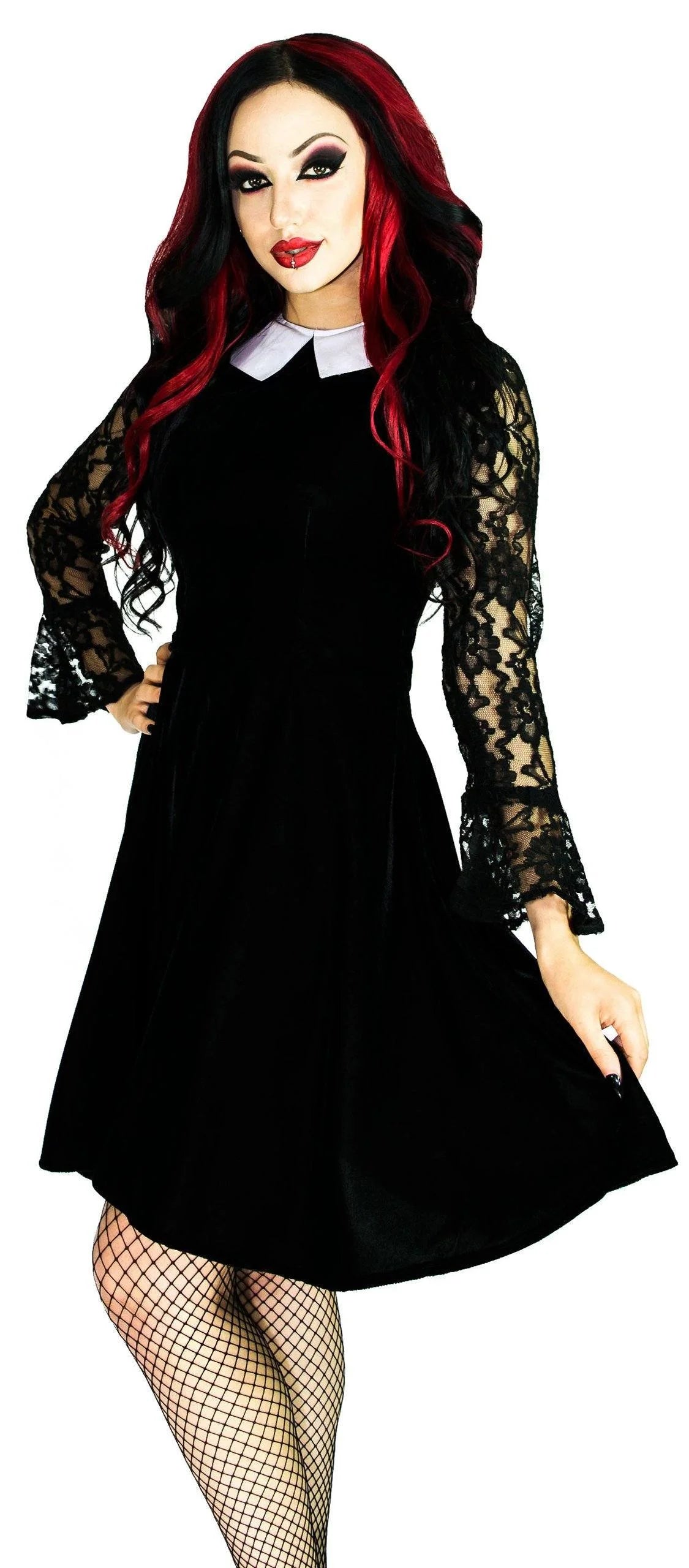 White Collar Long Sleeve Black Velvet Mini Dress - Ayla - Dr Faust