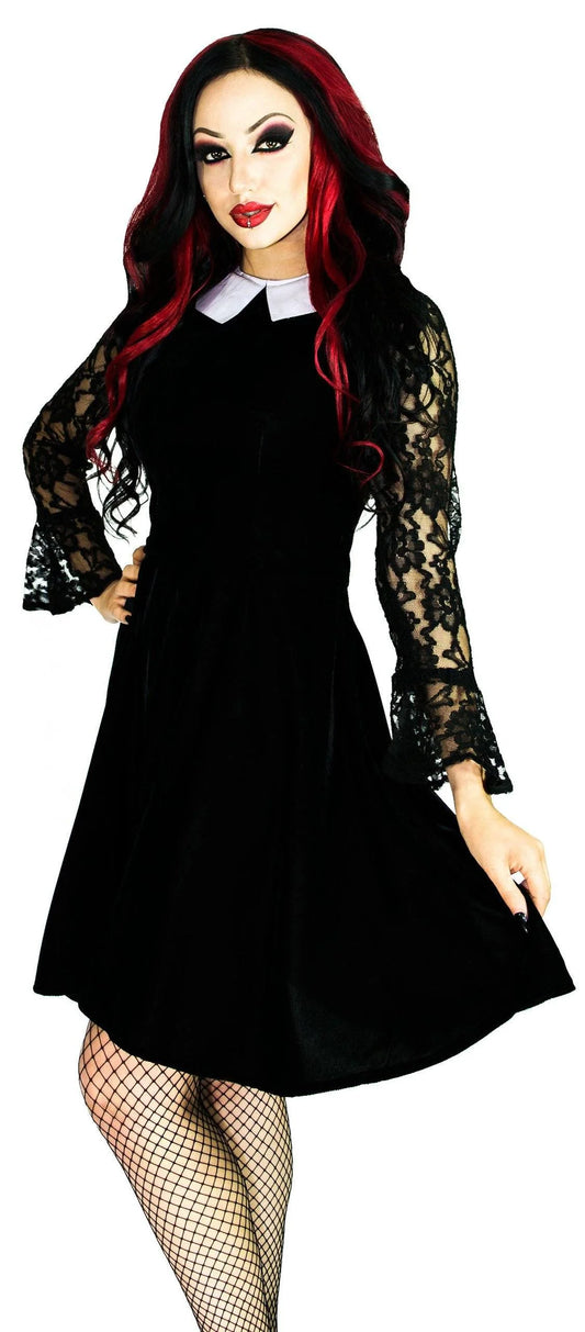 White Collar Long Sleeve Black Velvet Mini Dress - Ayla - Dr Faust