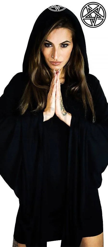 White Pentagram Hooded Black Mini Dress - Clarissa - Dr Faust