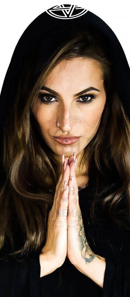 White Pentagram Hooded Black Mini Dress - Clarissa - Dr Faust