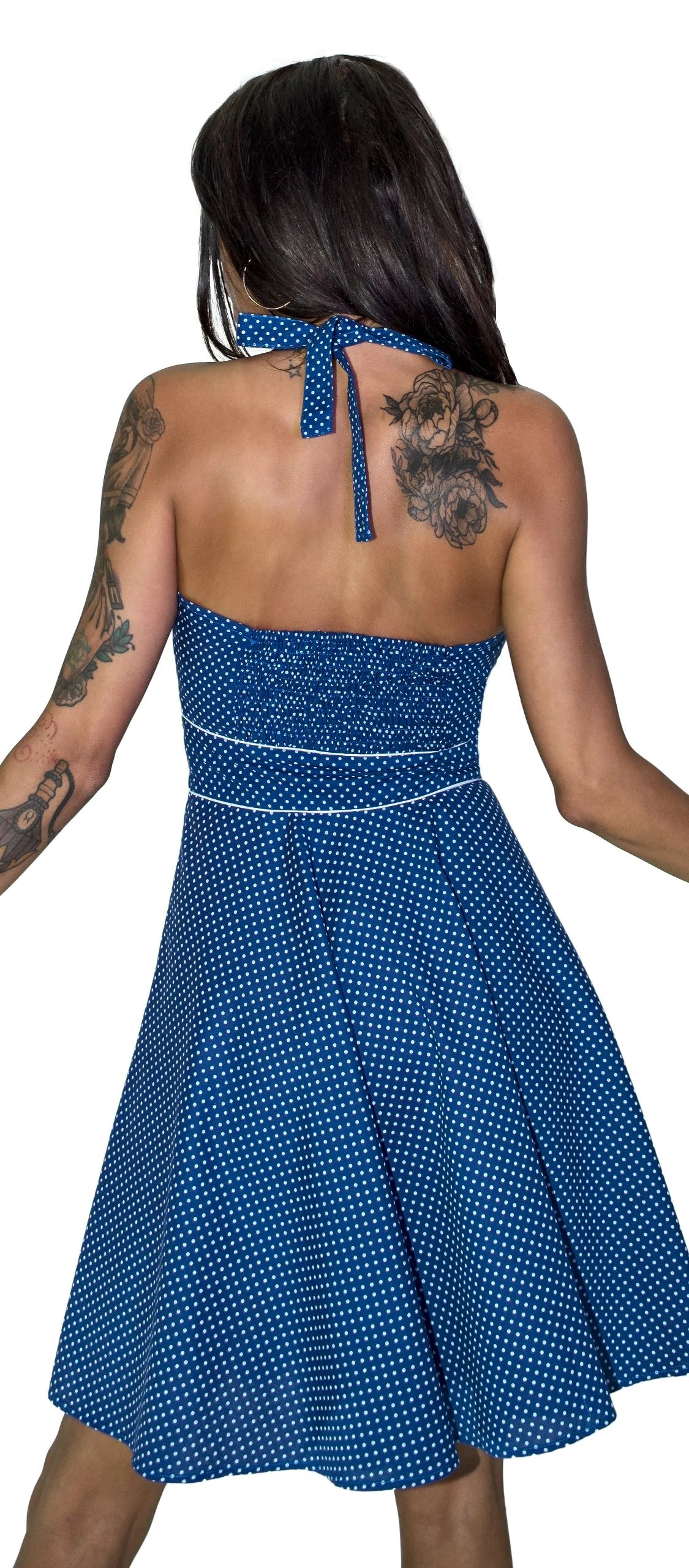 White Polka Dot Cornflower Blue Retro Midi Dress - Sophie - Dr Faust