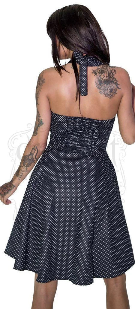 White Polka Dot Raven Black Rockabilly Midi Dress - Thalia - Dr Faust