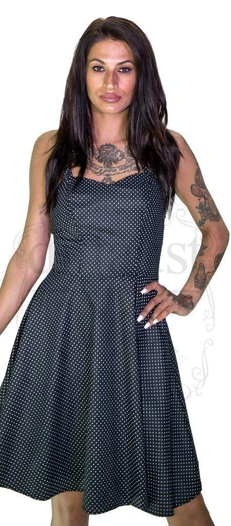 White Polka Dot Raven Black Rockabilly Midi Dress - Thalia - Dr Faust
