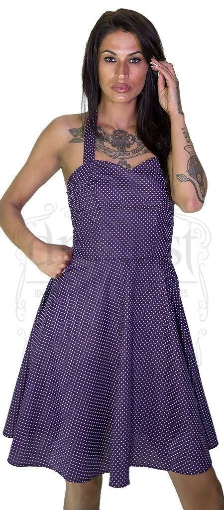 White Polka Dot Ultra Violet Rockabilly Midi Dress - Thalia - Dr Faust