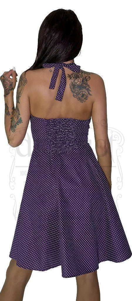 White Polka Dot Ultra Violet Rockabilly Midi Dress - Thalia - Dr Faust