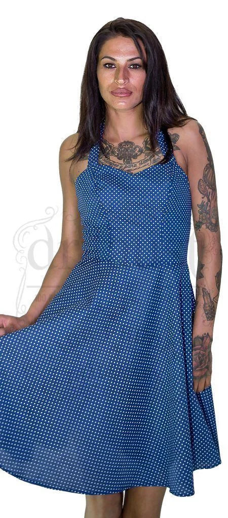 White Polka Dot Yale Blue Retro Midi Dress - Thalia - Dr Faust