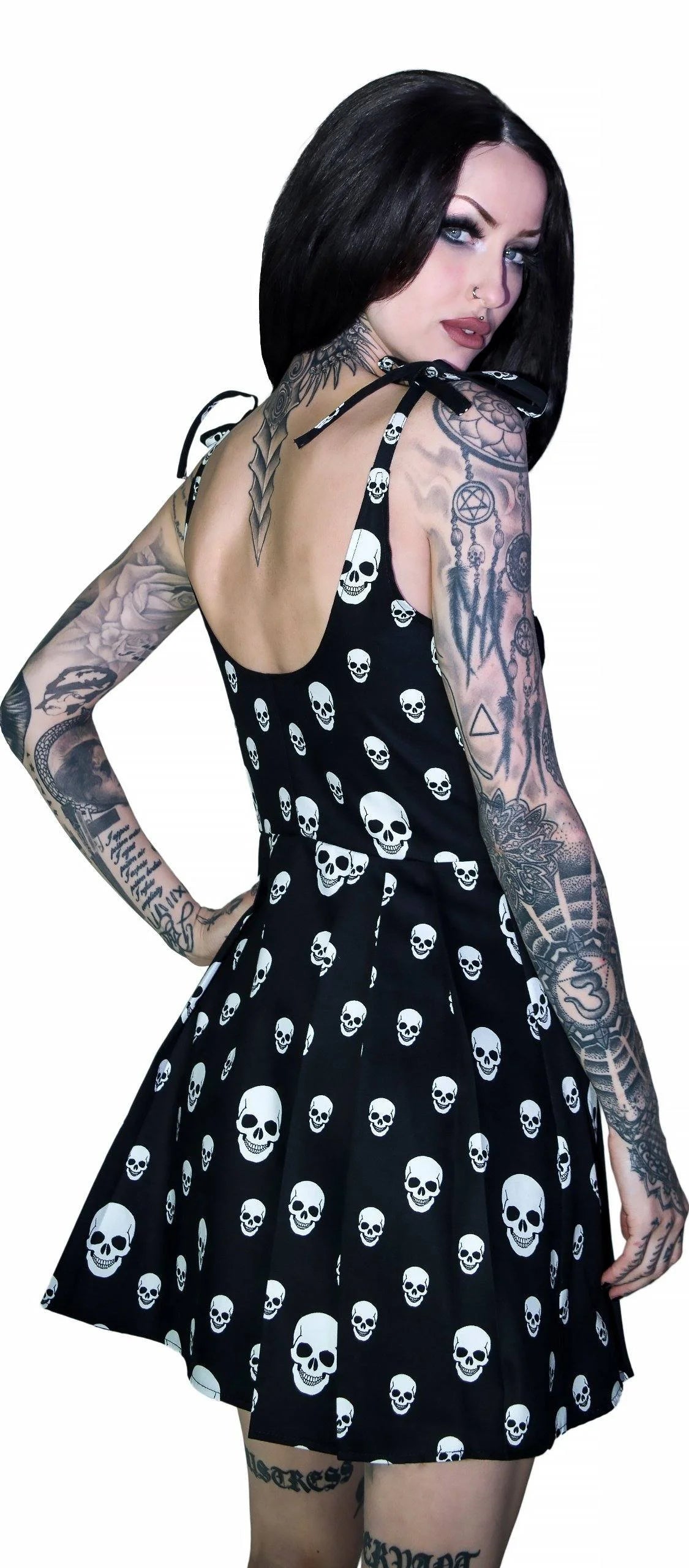 White Spooky Skulls Black Mini Dress - Corrie - Dr Faust
