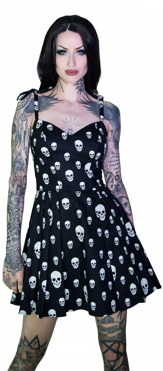 White Spooky Skulls Black Mini Dress - Corrie - Dr Faust