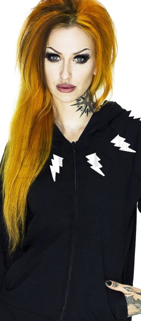 Lightning Bolt Print Women's Black Hoodie - Myah - Dr Faust