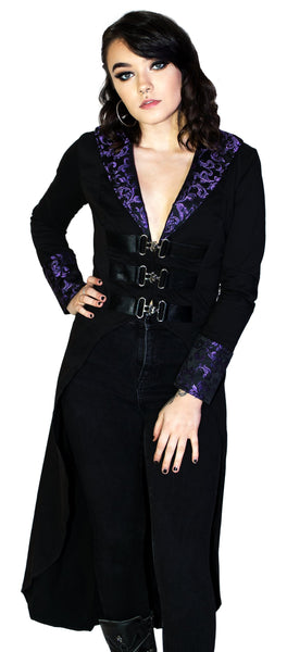 Purple Brocade Long Black Cotton Coat - Matilda - Dr Faust