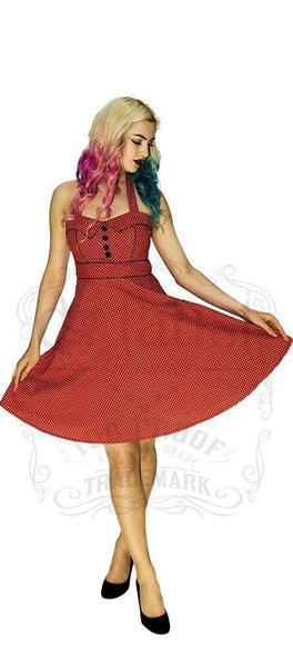 White Polka Dot Electric Red Rockabilly Midi Dress - Sophie - Dr Faust