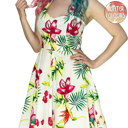 Bird of Paradise Flower White Midi Dress - Maggie - Dr Faust