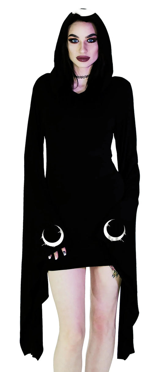 Dripping Crescent Moons Hooded Black Mini Dress - Meadow - Dr Faust