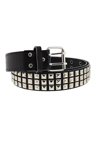 3-Row Silver Spaced Pyramid Black Leather Belt - Daxton - Dr Faust