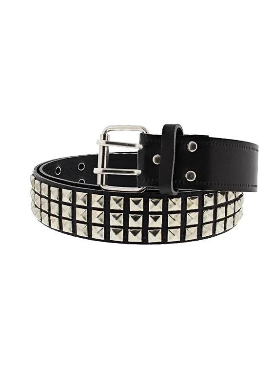 3-Row Silver Spaced Pyramid Black Leather Belt - Daxton - Dr Faust