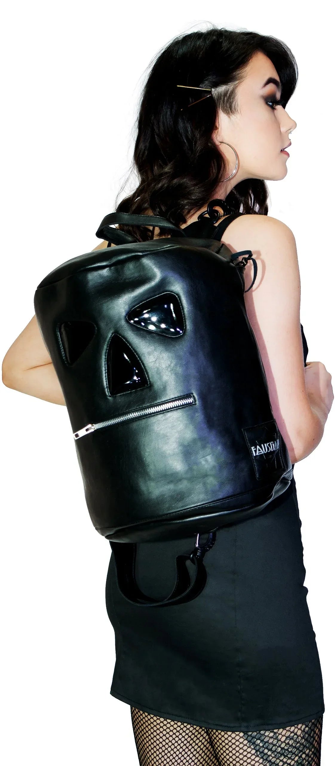 Zipper Head Face Black Vegan Leather Backpack - Corey - Dr Faust