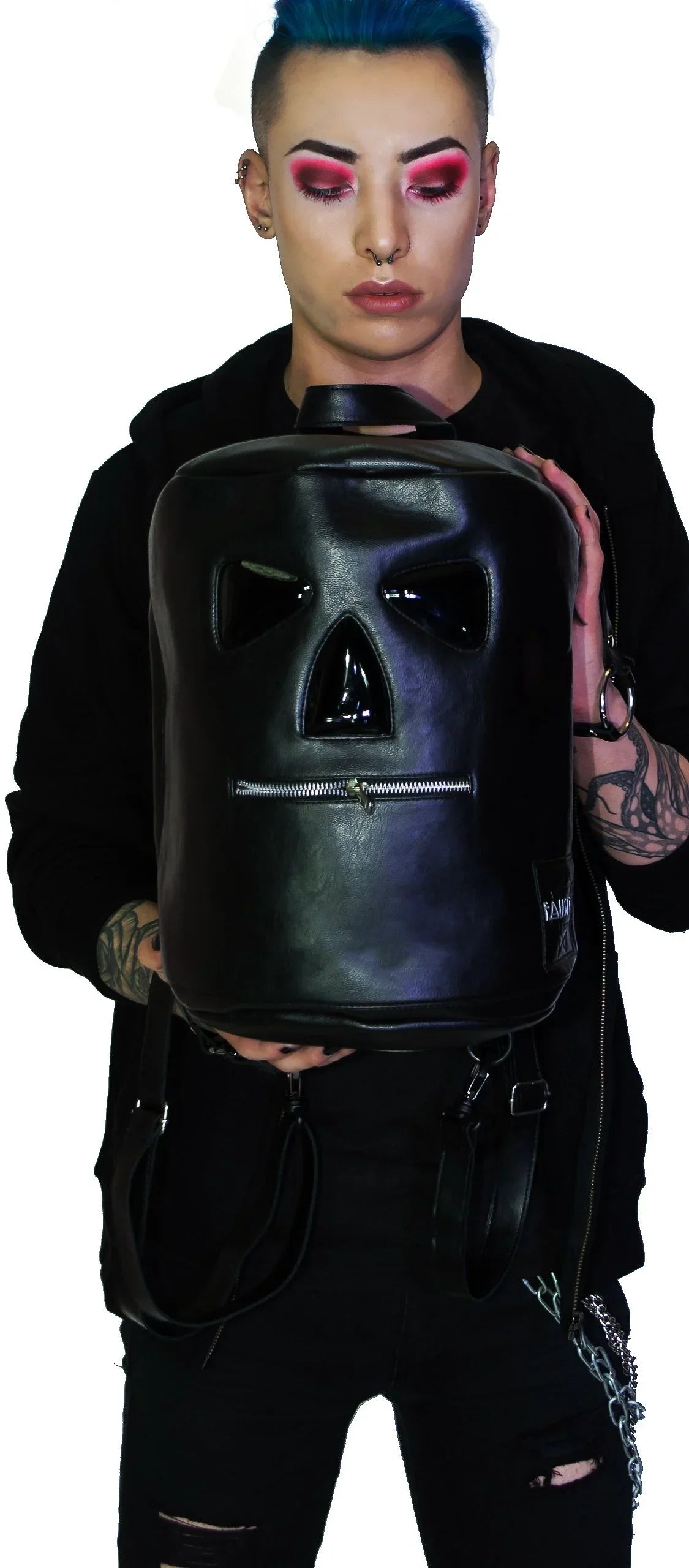 Zipper Head Face Black Vegan Leather Backpack - Corey - Dr Faust