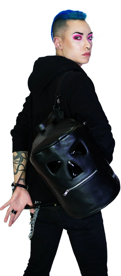 Zipper Head Face Black Vegan Leather Backpack - Corey - Dr Faust