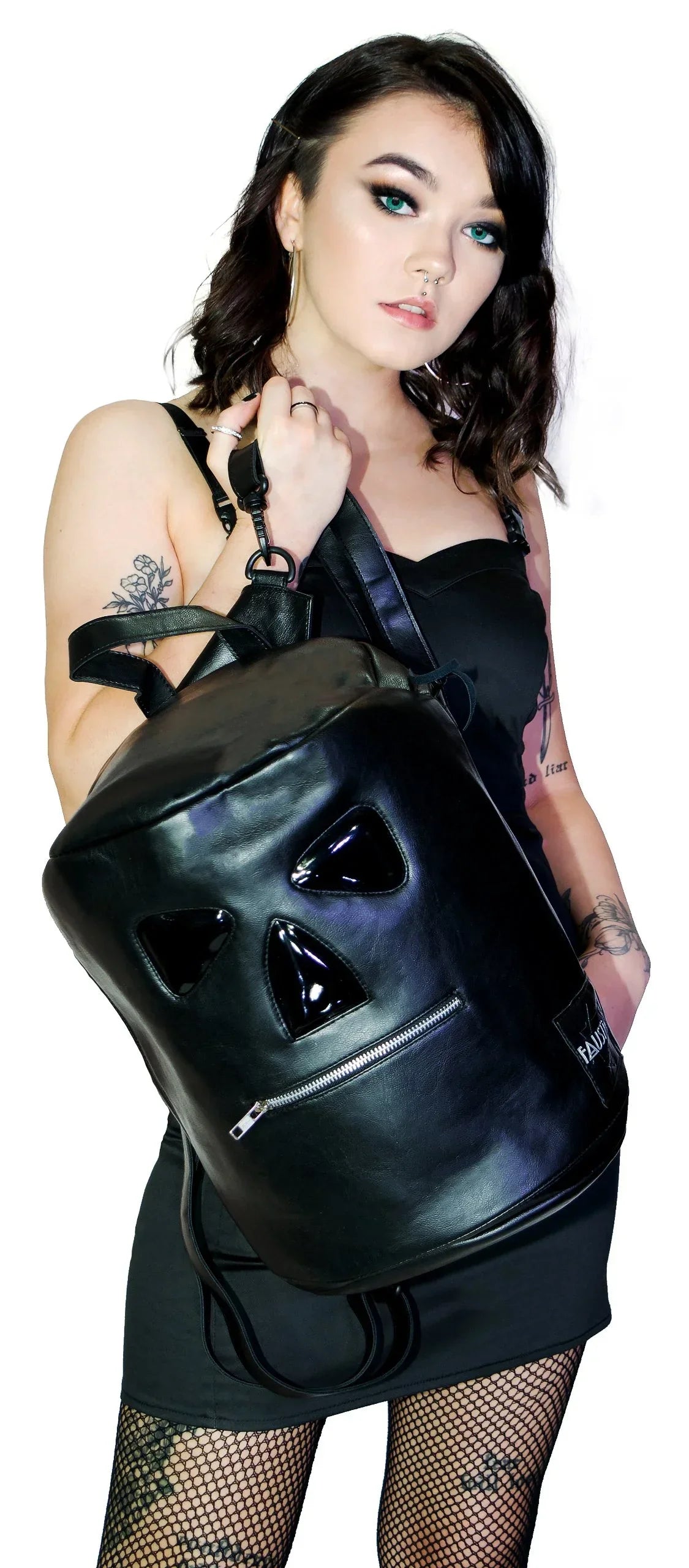 Zipper Head Face Black Vegan Leather Backpack - Corey - Dr Faust