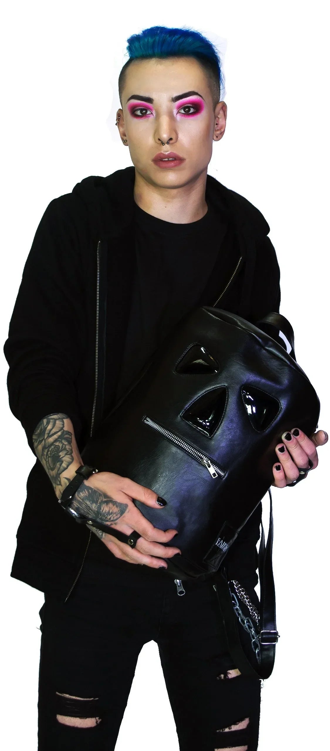 Zipper Head Face Black Vegan Leather Backpack - Corey - Dr Faust