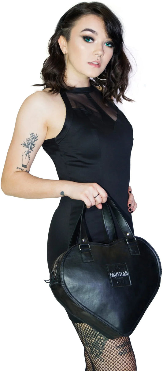Black Love Heart Vegan Leather Hand Bag - Black Cupid - Dr Faust