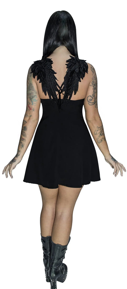 Black Wings Raw Silk Plus Size Mini Dress - Angelique - Dr Faust