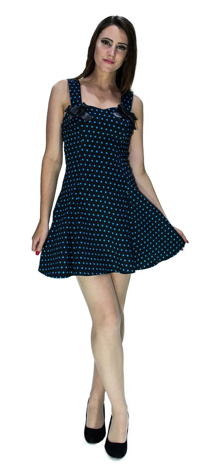 Blue Polka Dots Black Mini Dress - Sophia - Dr Faust