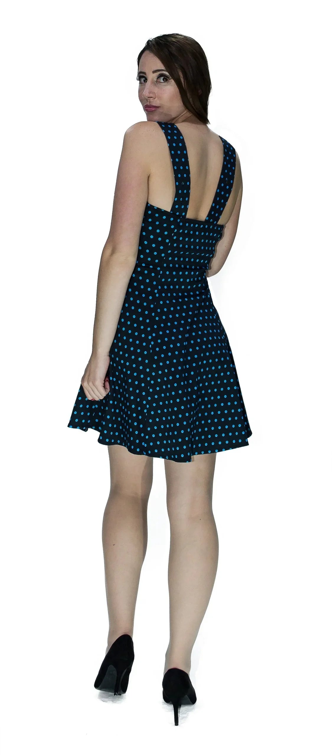 Blue Polka Dots Black Mini Dress - Sophia - Dr Faust