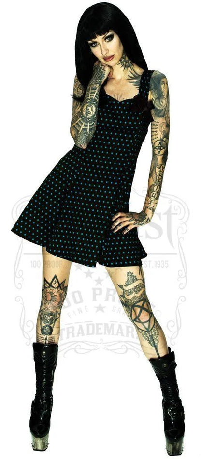 Blue Polka Dots Black Mini Dress - Sophia - Dr Faust