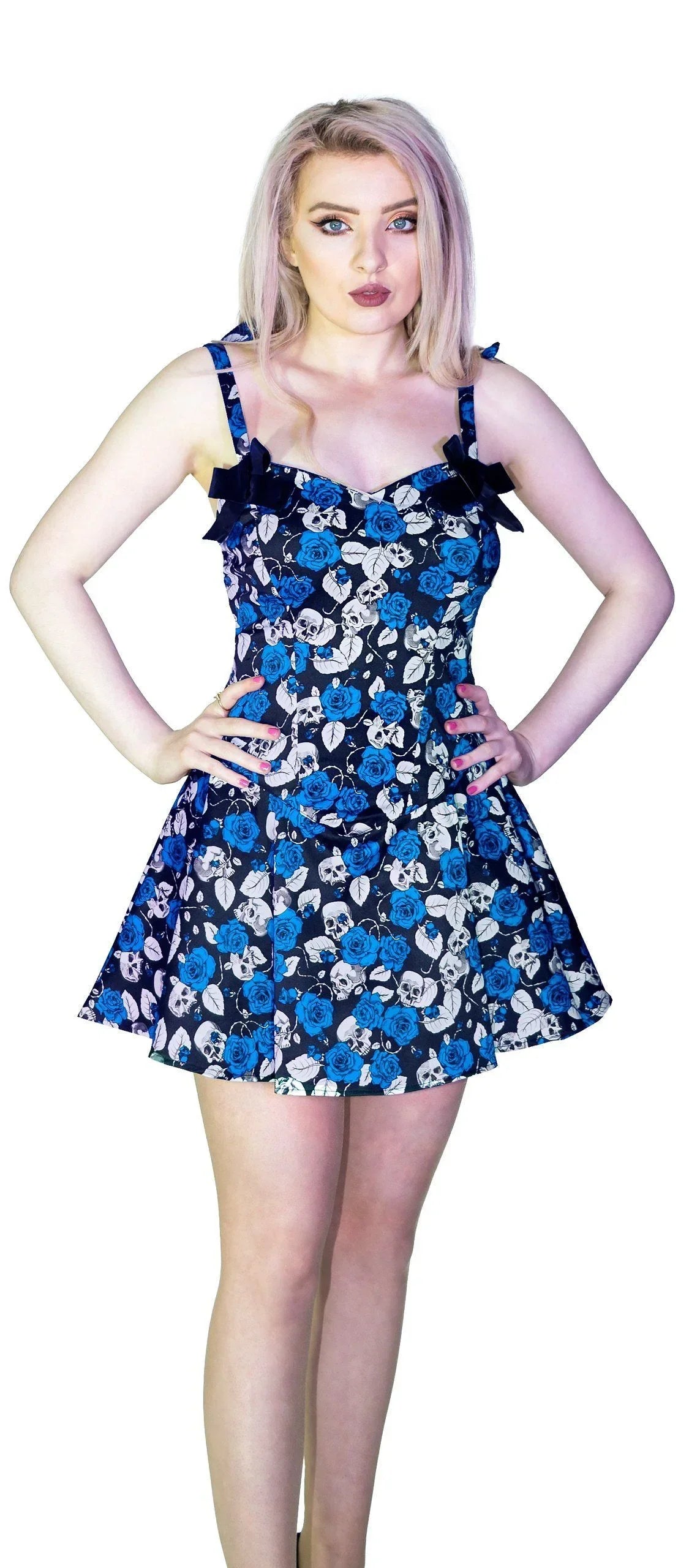 Blue Roses and Skulls Mini Dress - Anika - Dr Faust