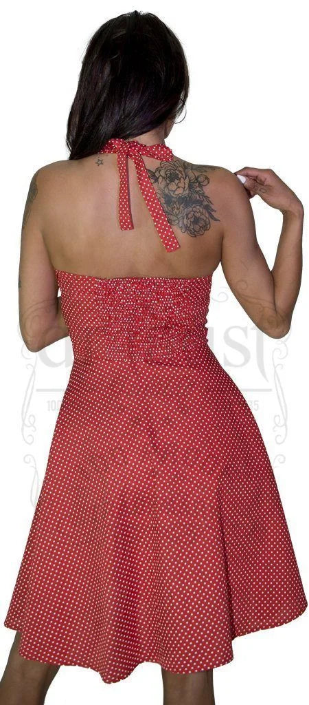 White Polka Dot Blush Red Vintage Midi Dress - Thalia - Dr Faust