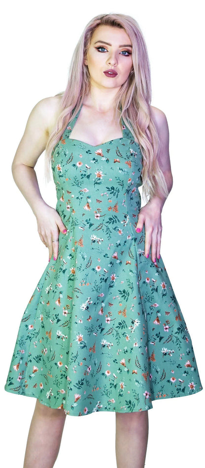 Bronze Flowers Vintage Green Midi Dress - Cassandra - Dr Faust