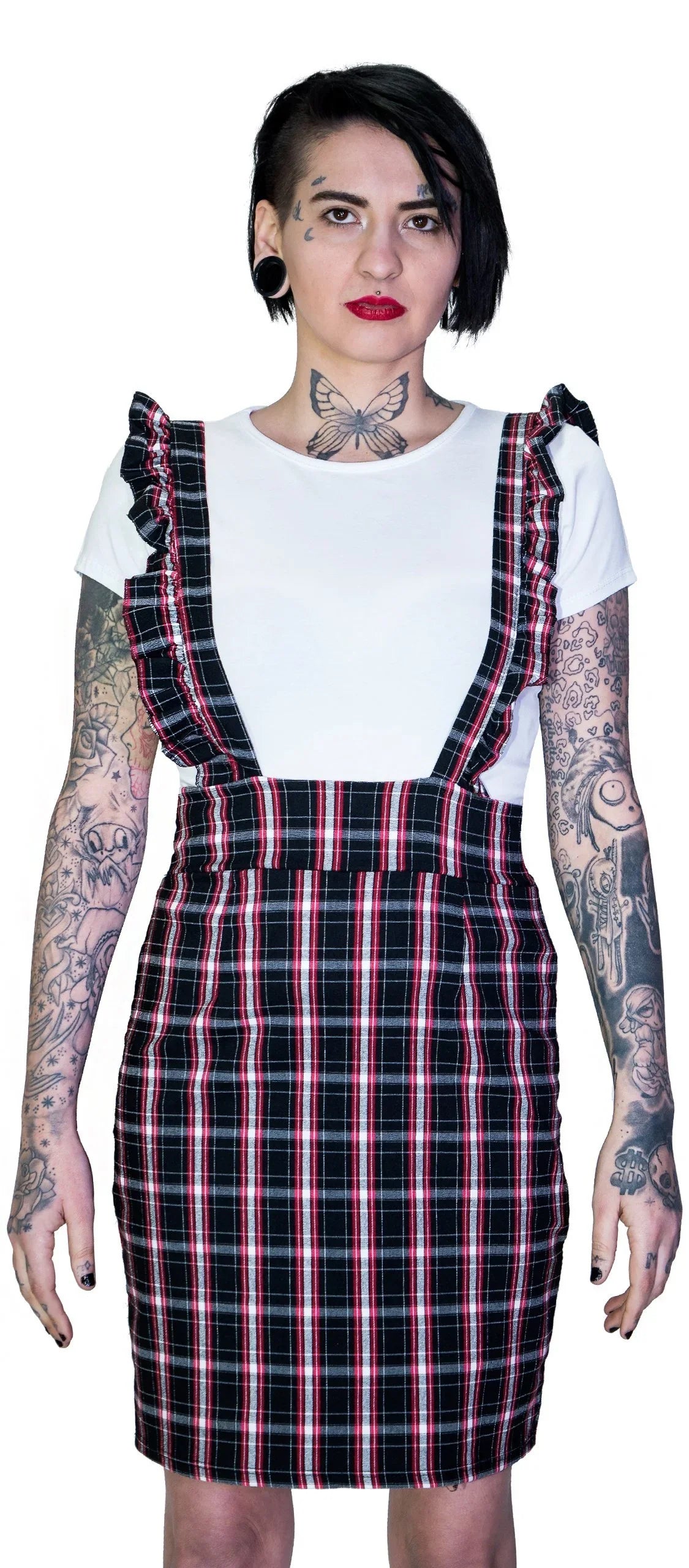 Dark Tartan Checked Pinafore Dress and T-Shirt Set - Romina - Dr Faust