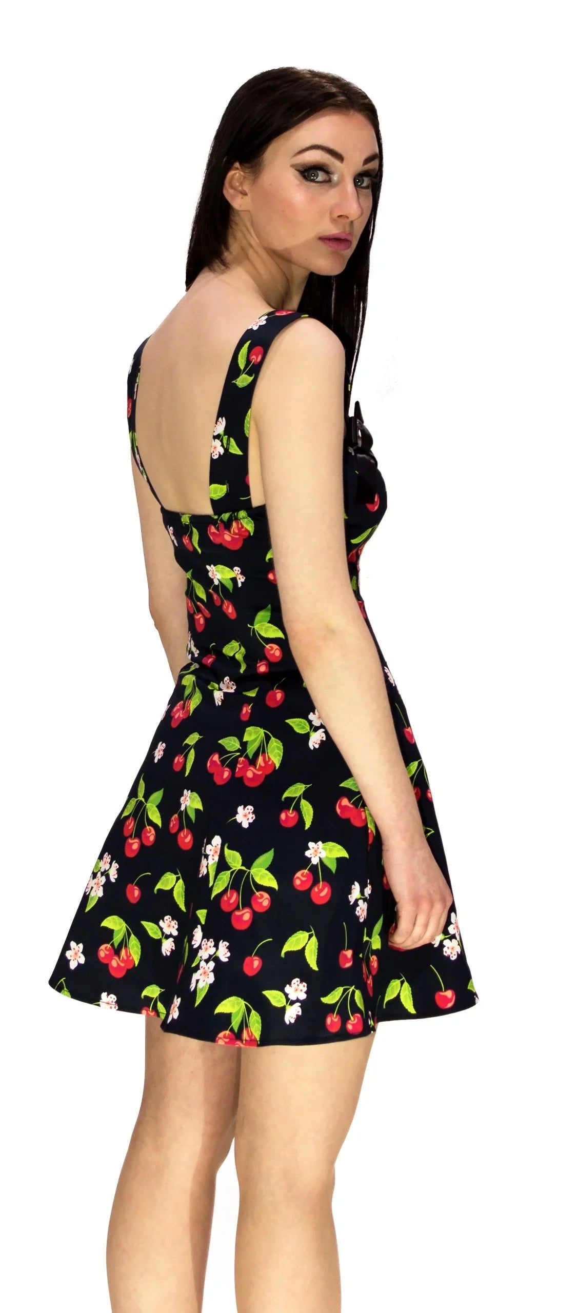 Cherry and Flowers Black Mini Dress - Kaitlyn - Dr Faust