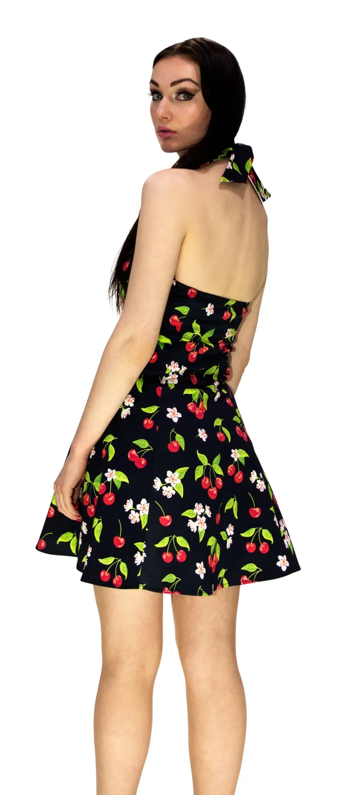 Cherry and Flowers Black Mini Dress - Kaitlyn - Dr Faust