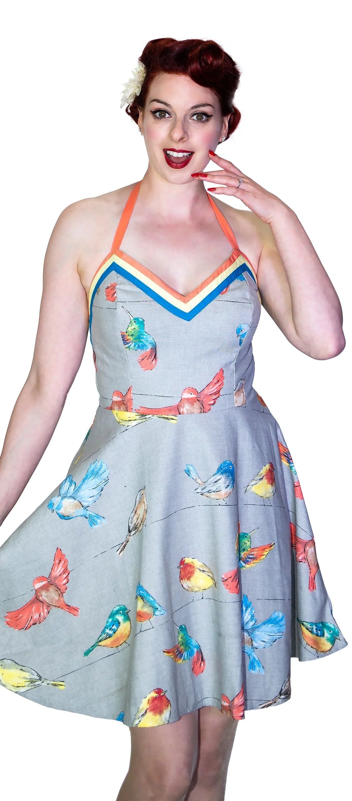 Colourful Birds Retro Grey Mini Dress - Avah - Dr Faust