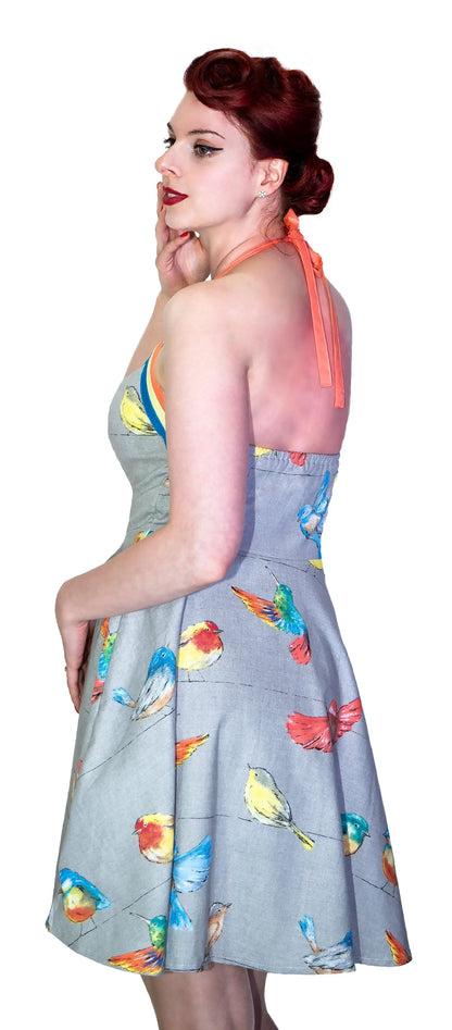 Colourful Birds Retro Grey Mini Dress - Avah - Dr Faust