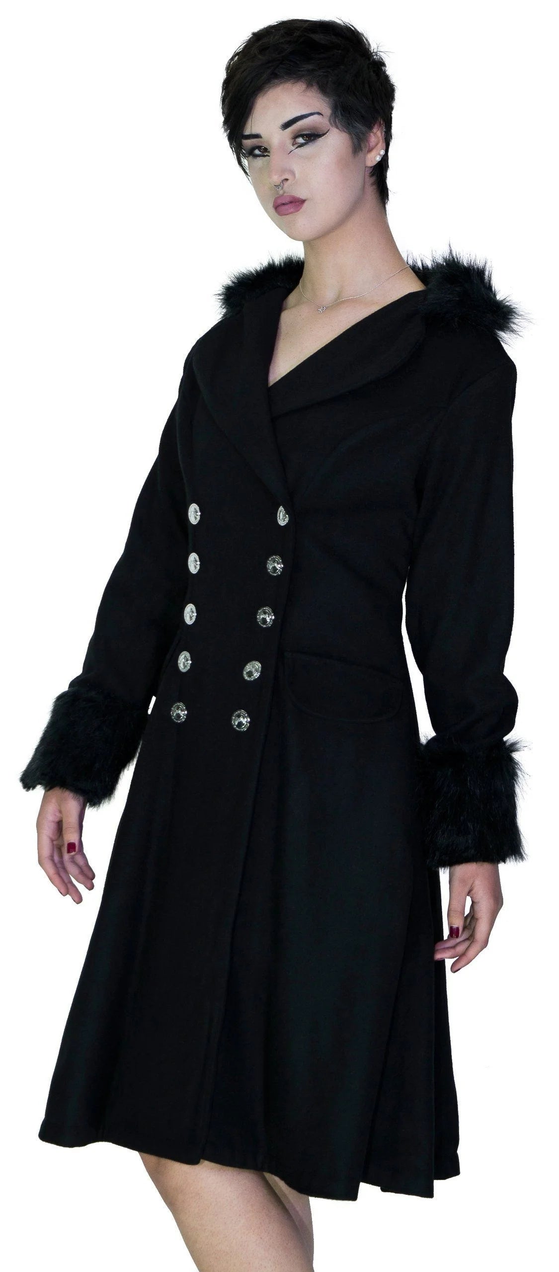 Faux Fur Cuffs Silver Buttons Black Wool Coat - Dominique - Dr Faust