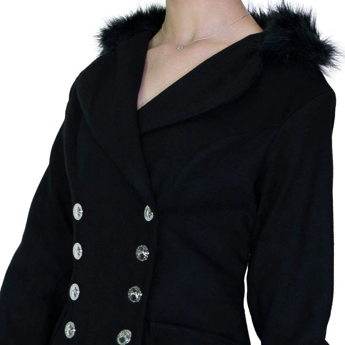 Faux Fur Cuffs Silver Buttons Black Wool Coat - Dominique - Dr Faust