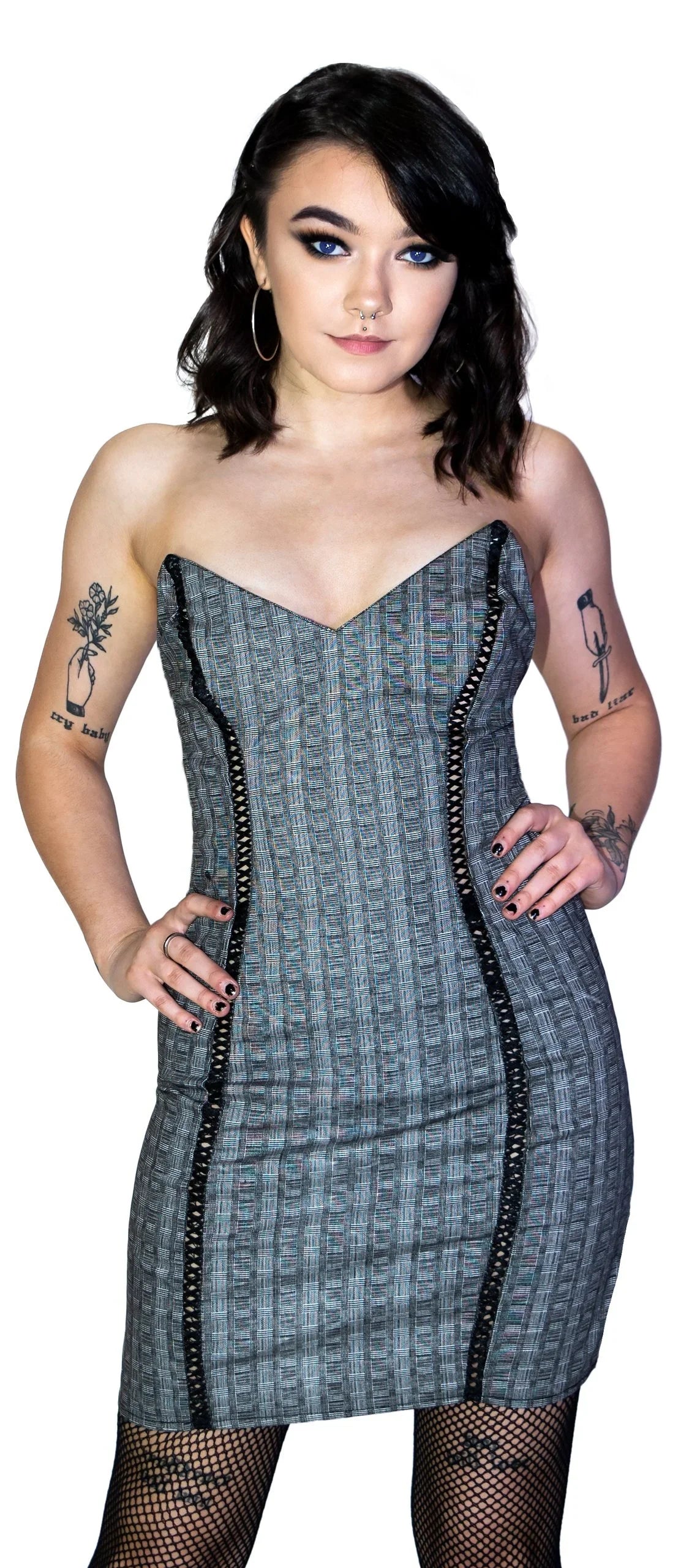 Grey Checkered Lace-Up Mini Dress - Jana - Dr Faust