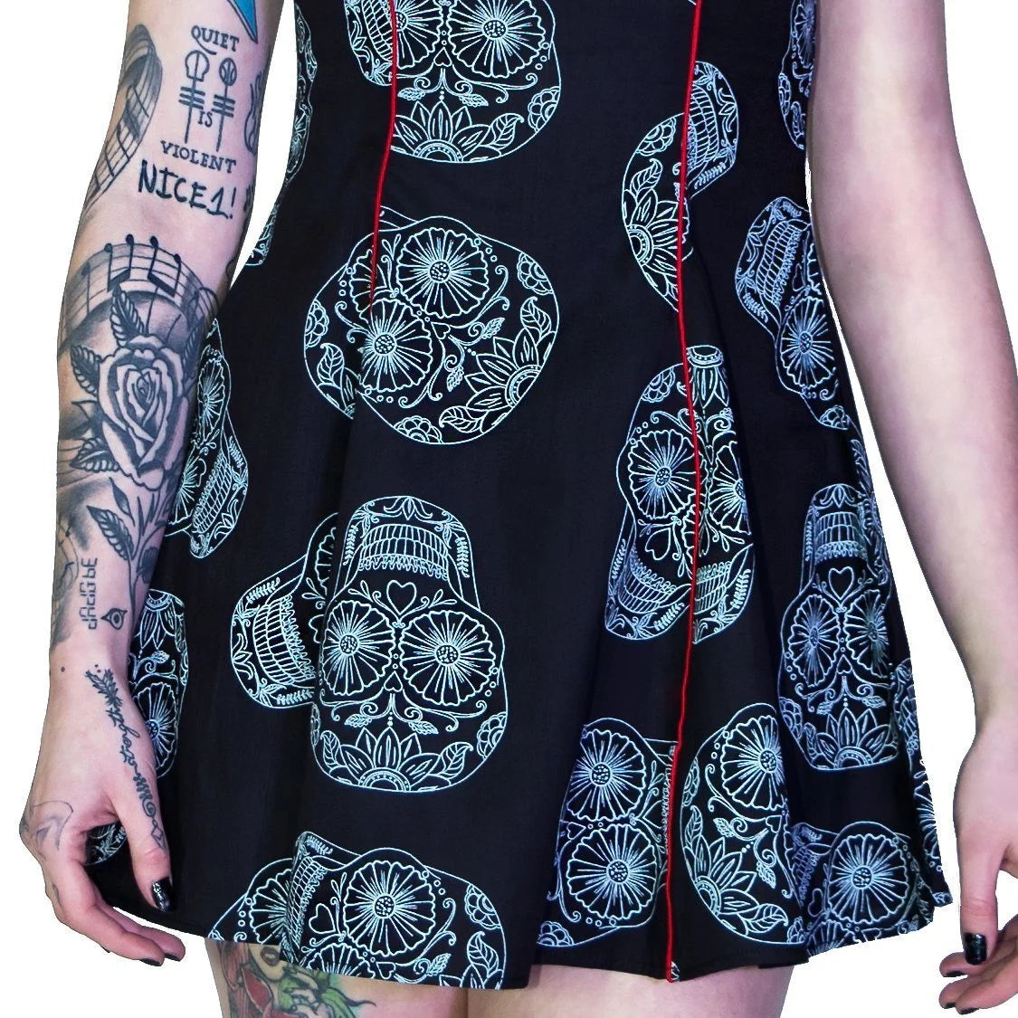 Grey Sugar Skulls Black Mini Dress - Calavera - Dr Faust